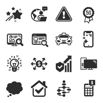 Set of Technology icons, such as Smartphone clean, Comic message, Taxi symbols 스톡 일러스트