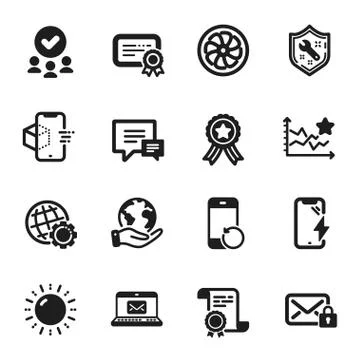 Set of Technology icons, such as Spanner, Secure mail, Certificate. Vector Illustrazione stock