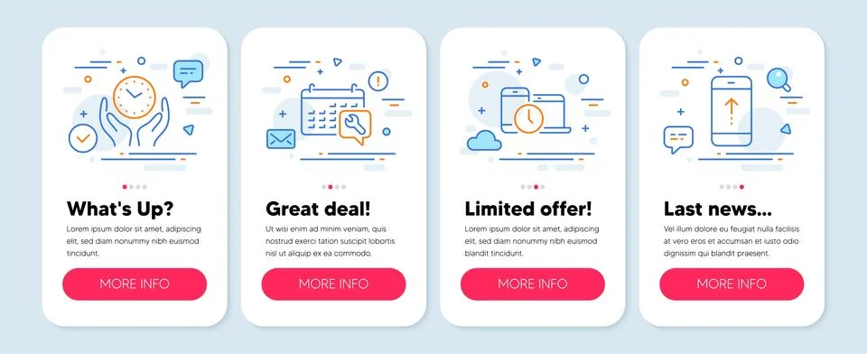 Set of Technology icons, such as Spanner, Time management, Safe time symbols Stock Illustration