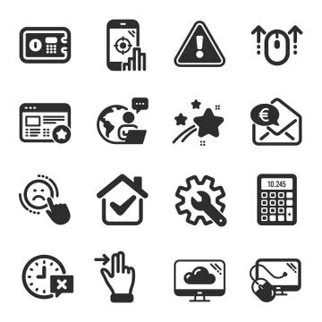 Set of Technology icons, such as Swipe up, Euro money, Time symbols. Vector 스톡 일러스트