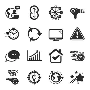 Set of Technology icons, such as Swipe up, Outsourcing, Quick tips symbols Stock Illustration