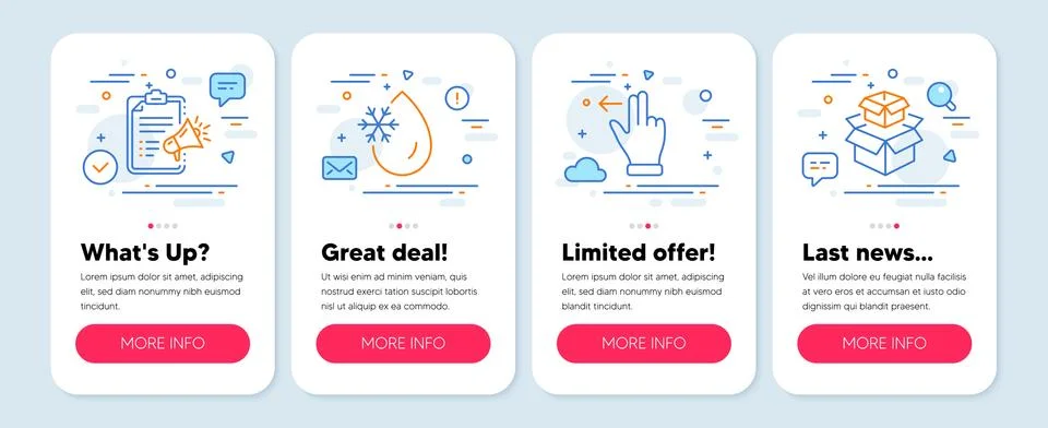 Set of Technology icons, such as Touchscreen gesture, Freezing water, Megaphone Illustrazione stock