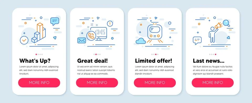 Set of Technology icons, such as Train, Web call, 3d chart symbols. Brand 스톡 일러스트