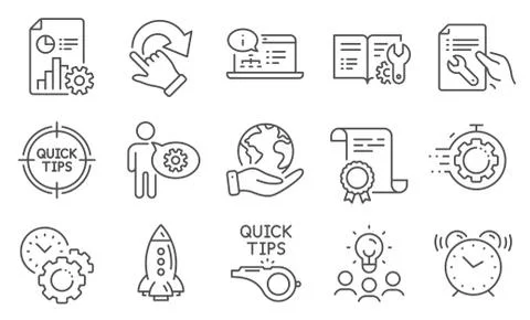 Set of Technology icons, such as Tutorials, Cogwheel, Repair document. Vector Illustrazione stock