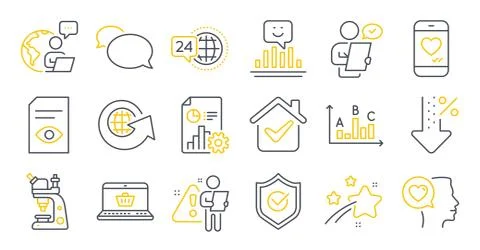 Set of Technology icons, such as View document, World globe, Romantic talk Illustrazione stock