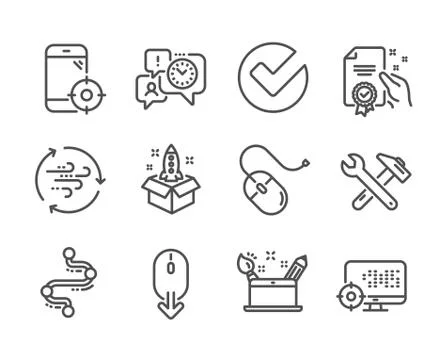 Set of Technology icons, such as Wind energy, Scroll down, Verify. Vector Stock Illustration