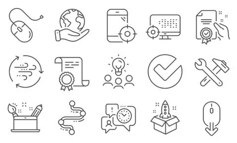 Set of Technology icons, such as Wind energy, Scroll down, Verify. Vector Stock Illustration