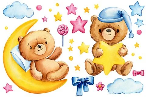 Set of Teddy bear, moon, star, cloud and lollipop on isolated white background Ilustração Stock