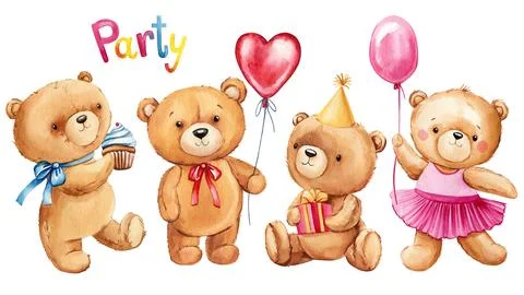 Set Teddy bear party on isolated background. Watercolor hand drawn illustration Stock Illustration