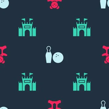 Set Teddy bear plush toy, Bowling pin and ball and Castle on seamless pattern Stock Illustration