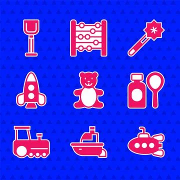 Set Teddy bear plush toy, Toy boat, Submarine, Soap bubbles bottle, train Stock Illustration