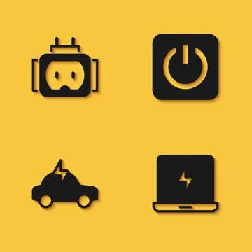 Set Tee plug electric, Laptop, Electric car and Power button icon with long Illustrazione stock