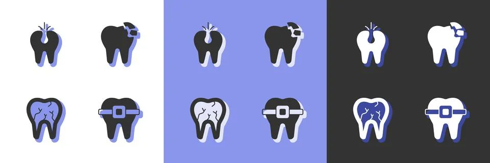 Set Teeth with braces, Broken tooth, and icon. Vector Stock Illustration