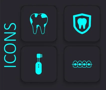 Set Teeth with braces, Broken tooth, Dental protection and Electric toothbrus イラスト素材