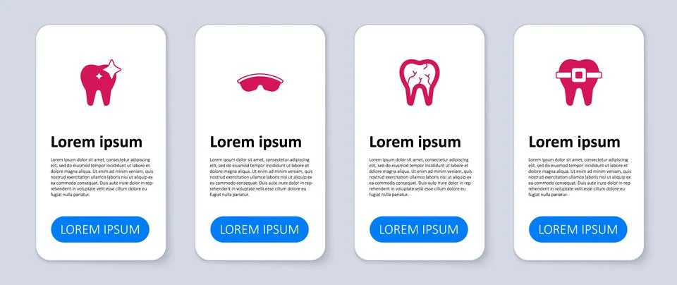 Set Teeth with braces, Broken tooth, Safety goggle glasses and Tooth whitenin Illustrazione stock