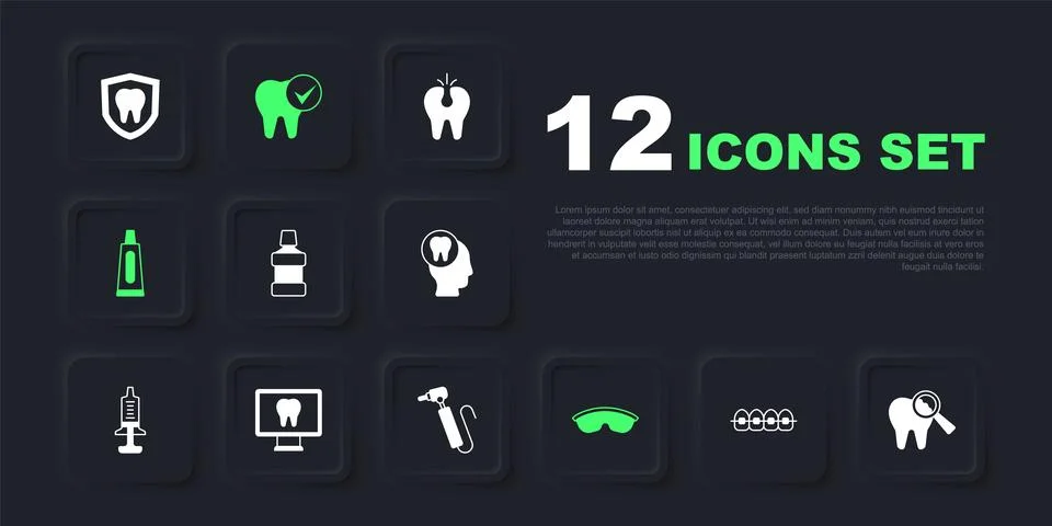 Set Teeth with braces, Broken tooth, Mouthwash, Safety goggle glasses, Tube.. Illustrazione stock