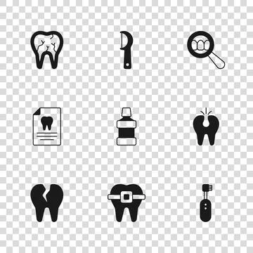 Set Teeth with braces, Broken tooth, Electric toothbrush, Mouthwash, Dental.. Illustrazione stock