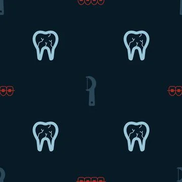 Set Teeth with braces, Dental floss and Broken tooth on seamless pattern. Vector Stockillustratie