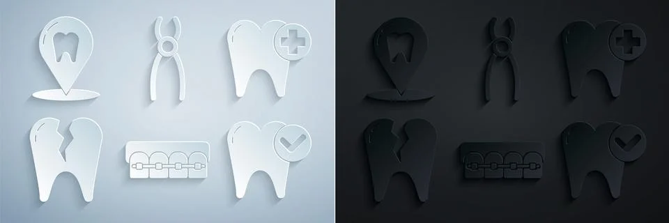 Set Teeth with braces, Tooth, Broken tooth, whitening concept, Dental pliers  Stock Illustration