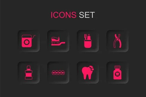 Set Teeth with braces, Toothbrush toothpaste, Dental floss, Broken, pliers,.. Illustrazione stock