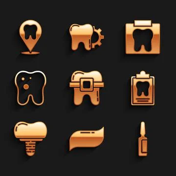 Set Teeth with braces, Toothpaste, Painkiller tablet, Dental card, implant Stock Illustration