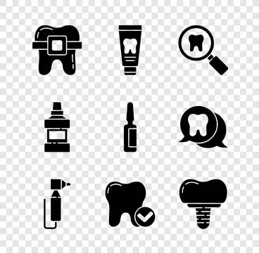 Set Teeth with braces, Tube of toothpaste, Dental search, Tooth drill, whit.. Stock Illustration