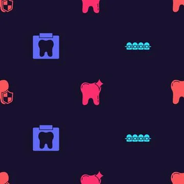 Set Teeth with braces, X-ray of tooth, Tooth whitening and Dental protection on Stock Illustration