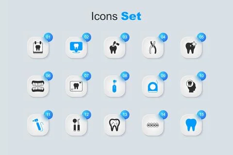 Set Teeth with braces, X-ray of tooth, Dental clinic location, Tooth drill,.. Stock Illustration