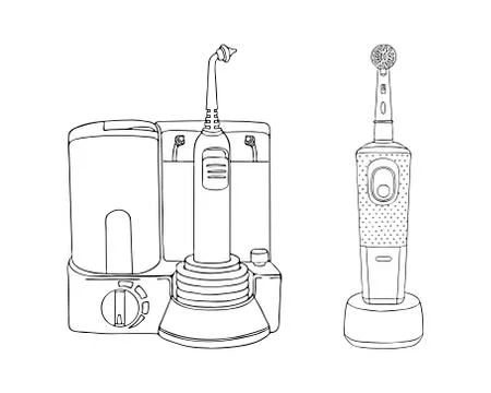 Set teeth brushing machine dental product personal hygiene. Oral irrigator Wa Stock Illustration