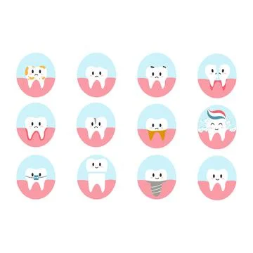 Set of teeth characters in cartoon flat style. Vector illustration of various Stock Illustration