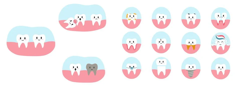 Set of teeth characters in cartoon flat style. Vector illustration of various Stock Illustration