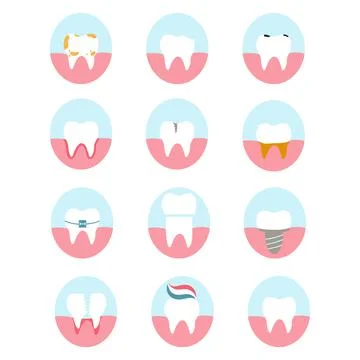 Set of teeth icons. Vector illustration of various dental diseases and tooth  Stock Illustration