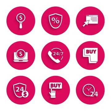Set Telephone 24 hours support, Buy button, Clock, Shield with dollar, Laptop Stock Illustration