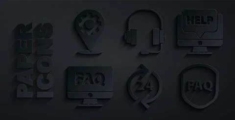 Set Telephone 24 hours support, Computer monitor and help, FAQ, Shield with text 스톡 일러스트
