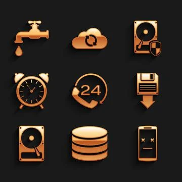 Set Telephone 24 hours support, Database, Dead mobile, Floppy disk backup, Hard Stock Illustration
