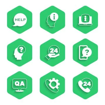 Set Telephone 24 hours support, Question and Answer, Head with question mark イラスト素材
