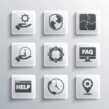 Set Telephone 24 hours support, Location with gear, Computer monitor and FAQ Stock Illustration