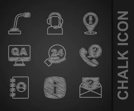 Set Telephone 24 hours support, Information, Envelope with question mark, A.. Stockillustratie