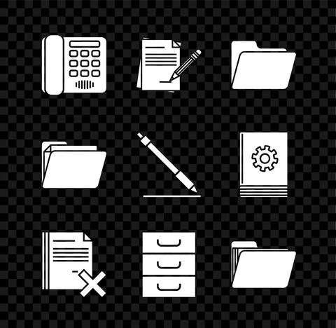 Set Telephone, Blank notebook and pencil with eraser, Document folder, Delete Illustrazione stock