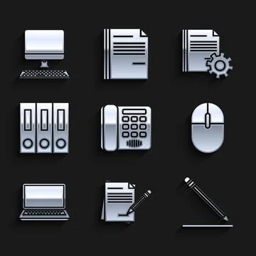 Set Telephone, Blank notebook and pencil with eraser, Pencil line, Computer.. Illustrazione stock
