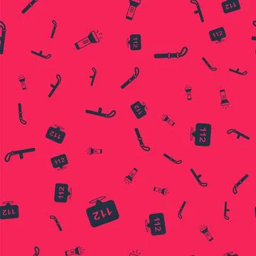 Set Telephone call 112, Flashlight, Police rubber baton and on seamless pattern Stock Illustration