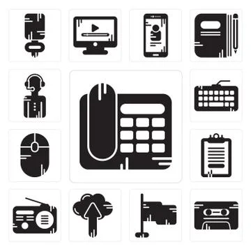 Set of Telephone, Cassette, Flag, Cloud computing, Radio, Clipboard, Mouse, K Free Stock Illustration