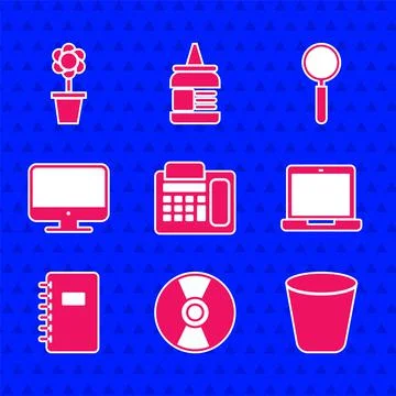 Set Telephone, CD or DVD disk, Trash can, Laptop, Spiral notebook, Computer Stock-Illustration