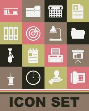 Set Telephone, Chalkboard with diagram, Document folder, Calendar, Target s.. Stock-Illustration