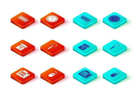 Set Telephone, Computer mouse, Calendar, Magnifying glass, Clock and Digital Illustrazione stock