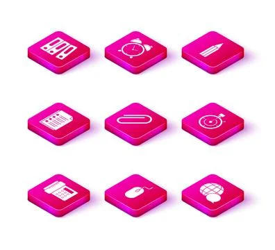 Set Telephone, Computer mouse, File document, Paper clip, World map made fr.. Stock-Illustration