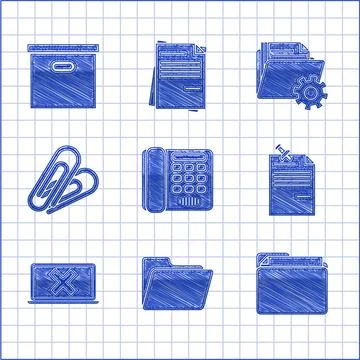 Set Telephone Document folder Note paper with pinned pushbutton Laptop and cr Stock Illustration