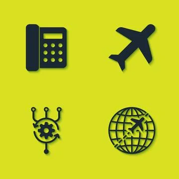 Set Telephone, Globe with flying plane, Algorithm and Plane icon. Vector Illustrazione stock