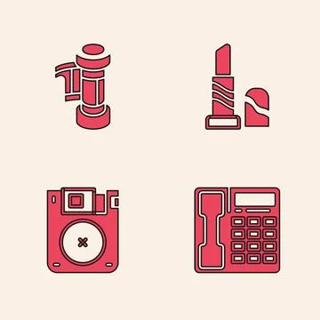 Set Telephone handset, Camera roll cartridge, Lipstick and Floppy disk icon.. Stock Illustration