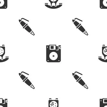 Set Telephone handset, Floppy disk and Fountain pen nib on seamless pattern 스톡 일러스트